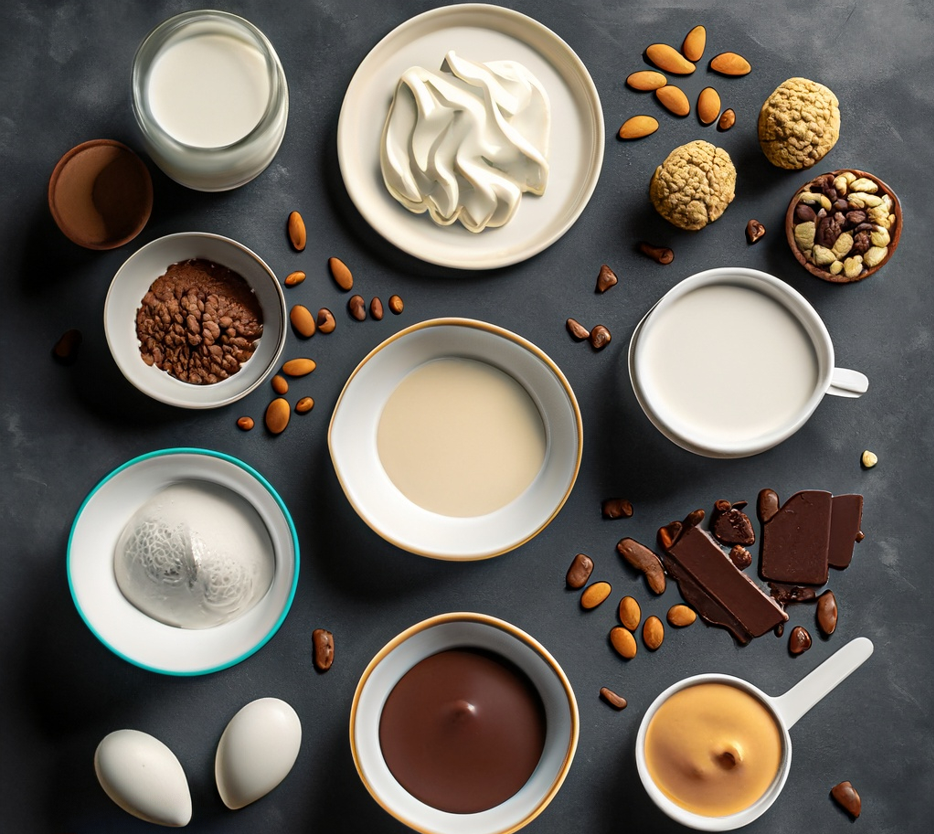 Ingredients for keto ice cream bars spread out on a clean surface, including heavy cream, almond milk, erythritol, and keto-friendly chocolate chips