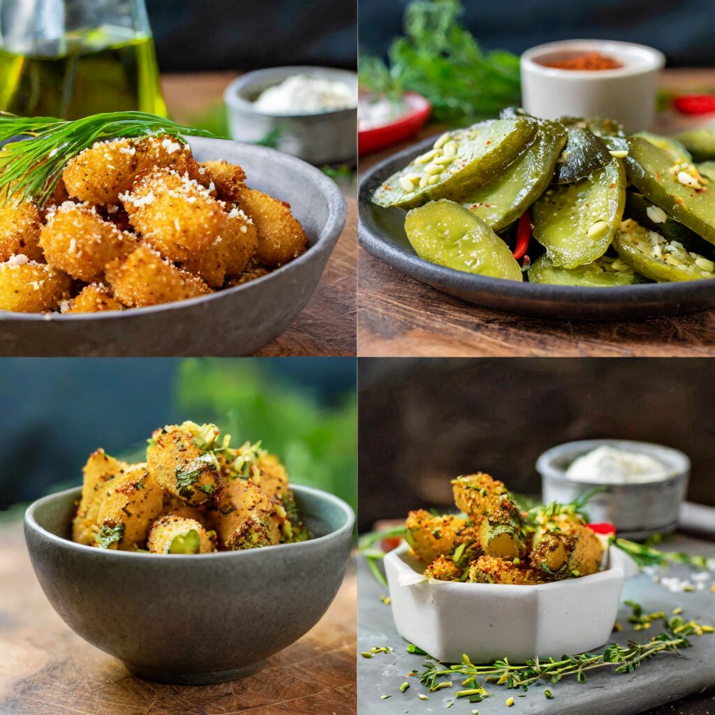 A split image showing a pile of keto fried pickles on one side and fresh dill pickles on the other, highlighting the difference in carbs.
