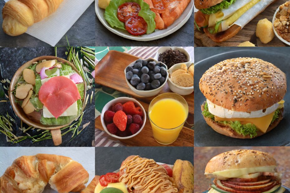 Collage of various keto breakfast fast food items in a colorful display.