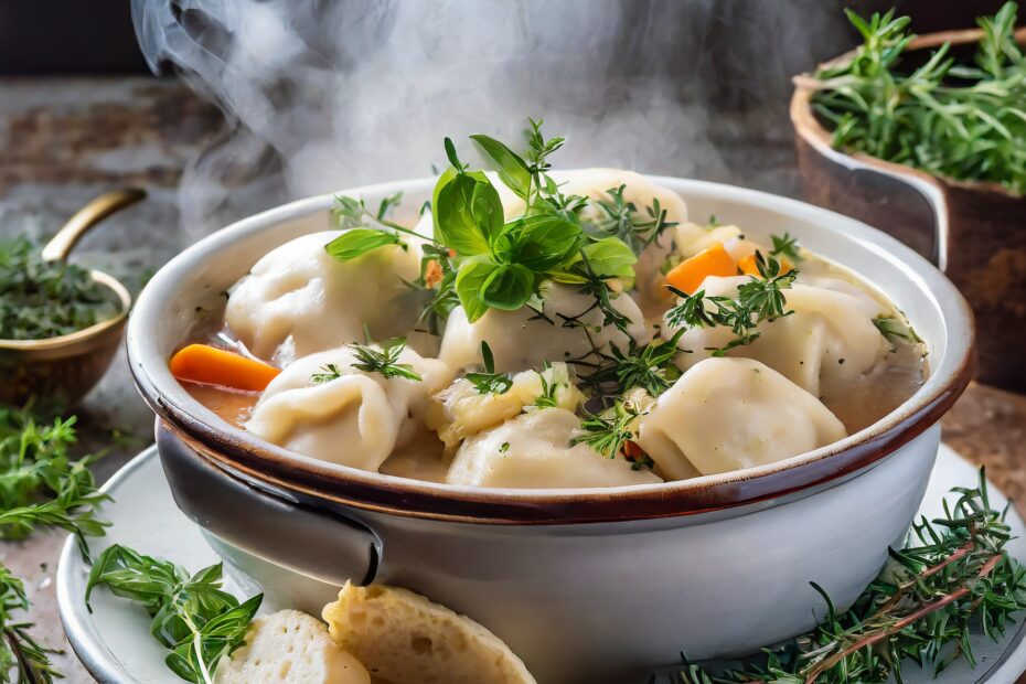 A high-quality image of a steaming bowl of keto chicken and dumplings, garnished with fresh