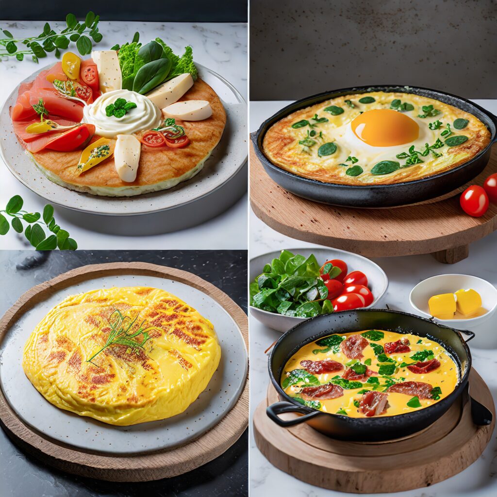 Images of different omelette varieties, showcasing their versatility.
