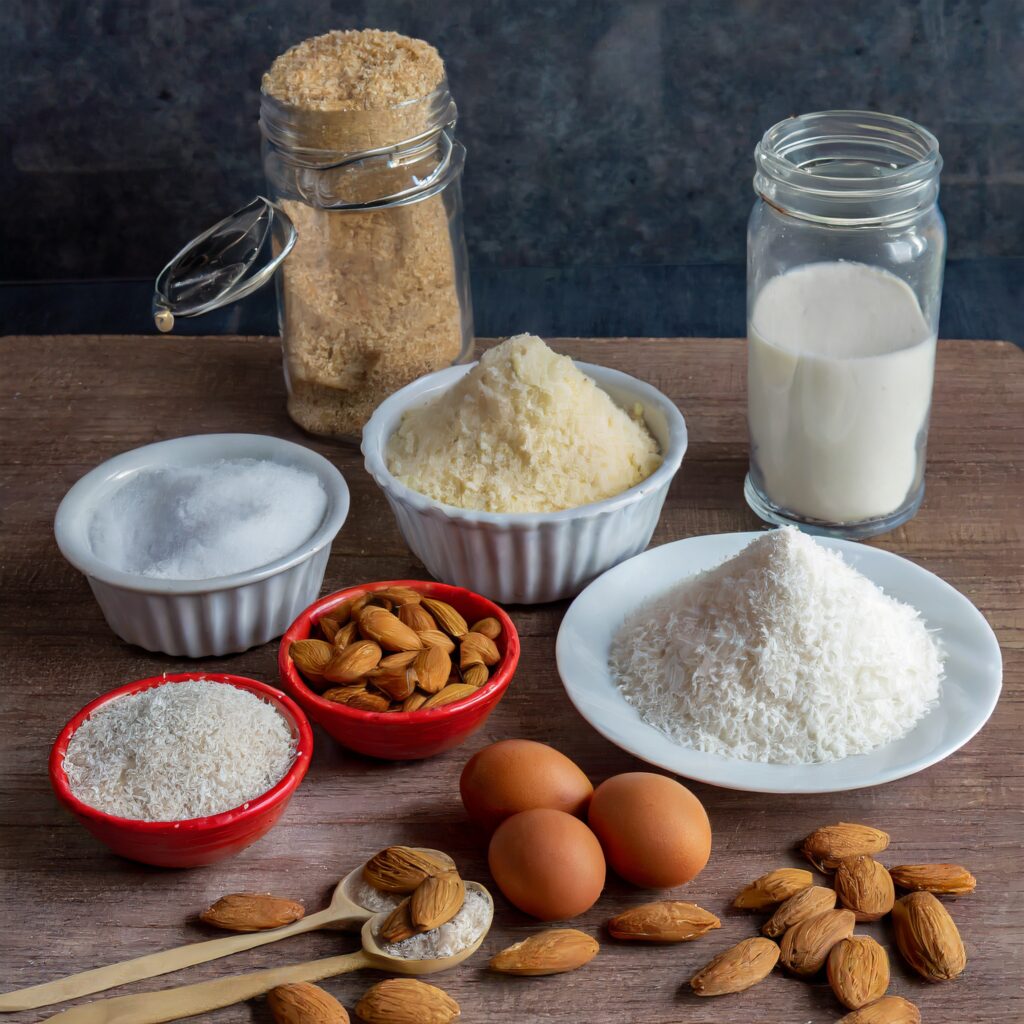 A visually appealing arrangement of the key ingredients used in the recipe, including almond flour, coconut flour, psyllium husk, and eggs.