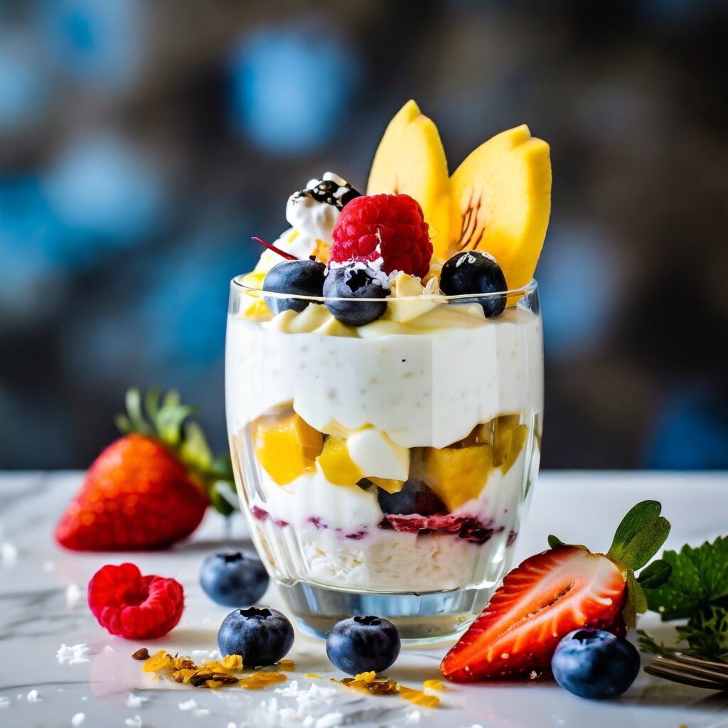 Glass filled with a keto Greek yogurt parfait, a visually appealing breakfast.