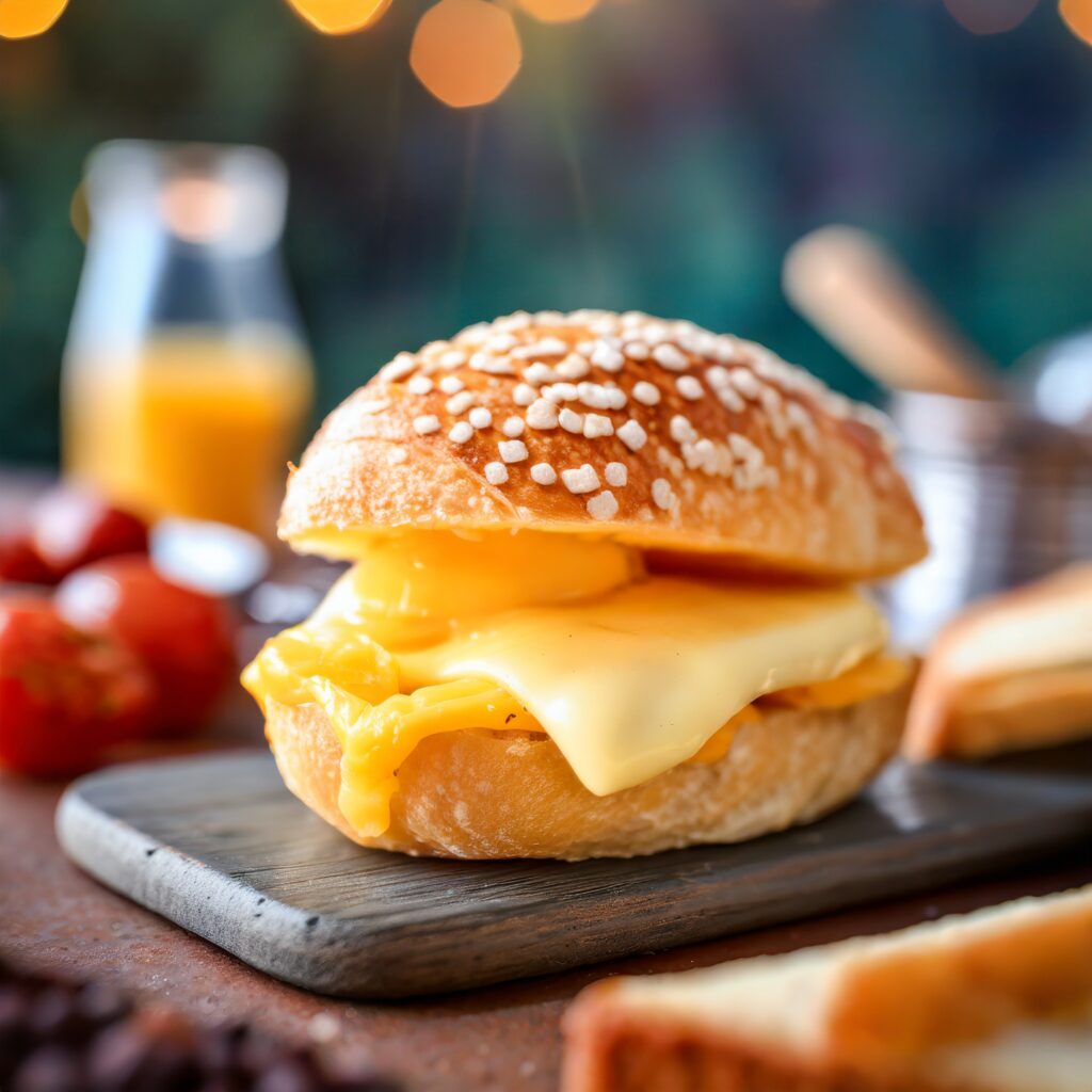 Close-up of a cheese breakfast sandwich, emphasizing the cheese 'bun.'