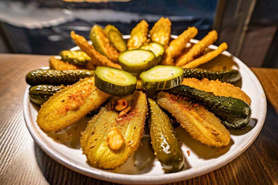 An image of a plate of keto fried pickles, beautifully arranged to showcase their crispy