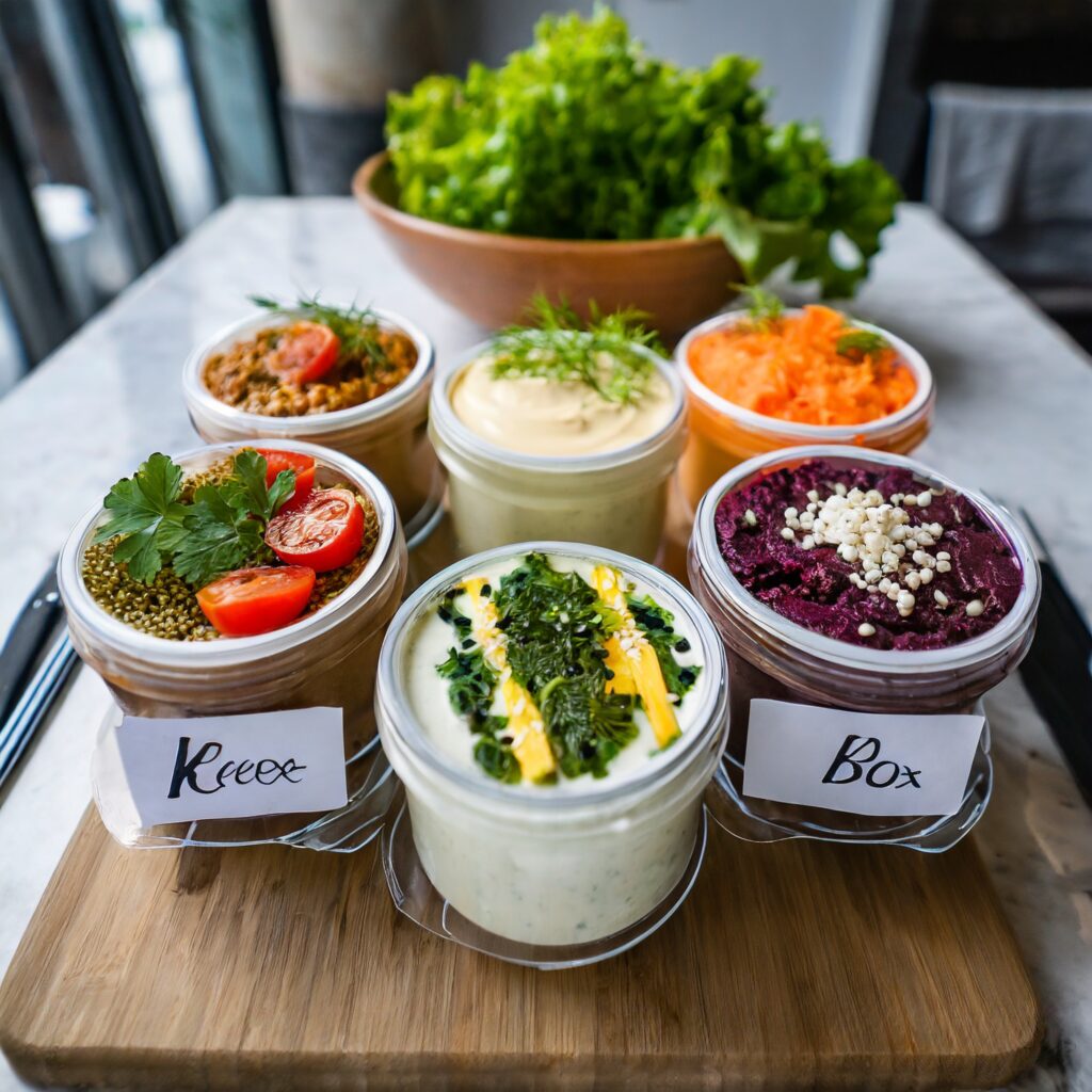 A collage of high-quality keto ingredients like avocados, olive oil, herbs, spices, and fresh vegetables, showcasing the raw materials used to make keto salad dressings.