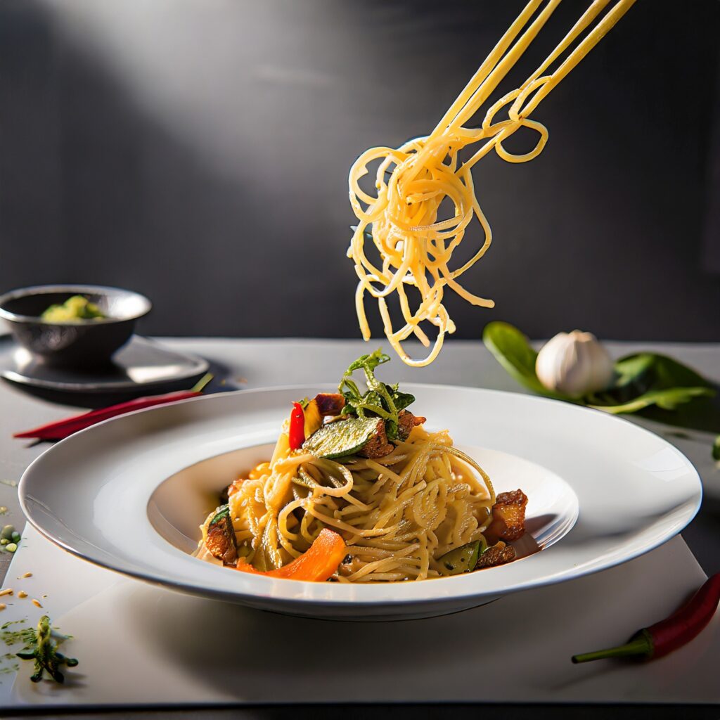Images of a Noodles dish being beautifully plated and garnished, ready to be served. 